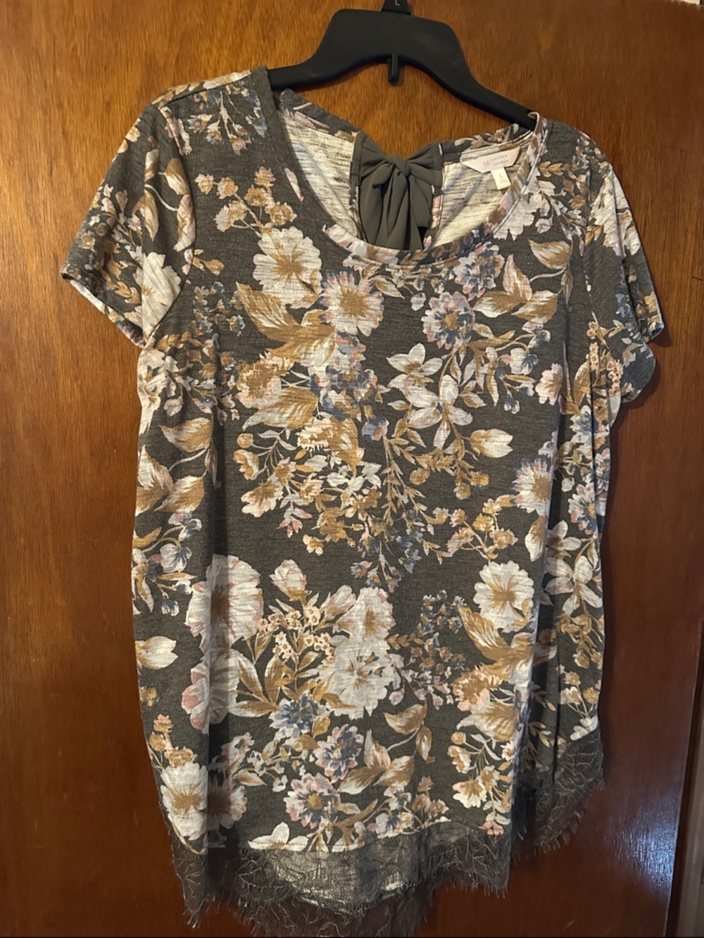 Lauren Conrad Women's Floral Short Sleeve Tee with Lace Hem - Green